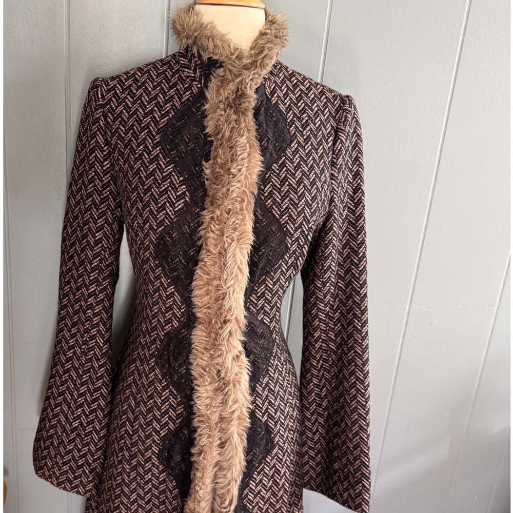 Victorian Gothic Whimsigoth Penny Lane Maxi Coat Sz 4 Faux Fur Herringbone 2000s